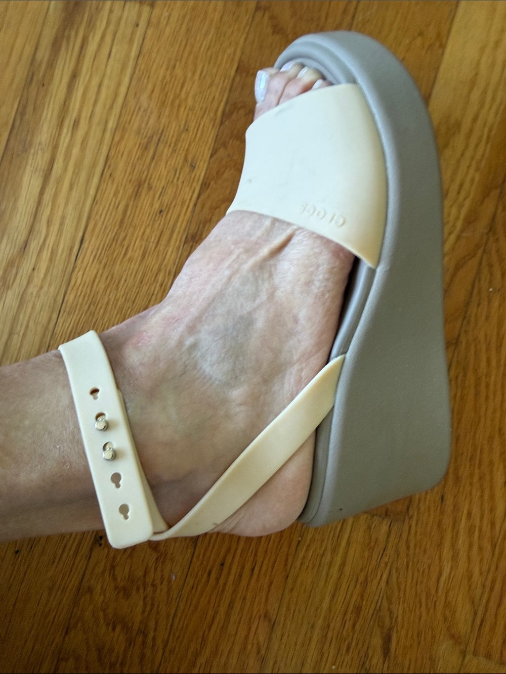 CROCS Women's Platform Slide Sandals in Cream Strap and Light Gray Platform